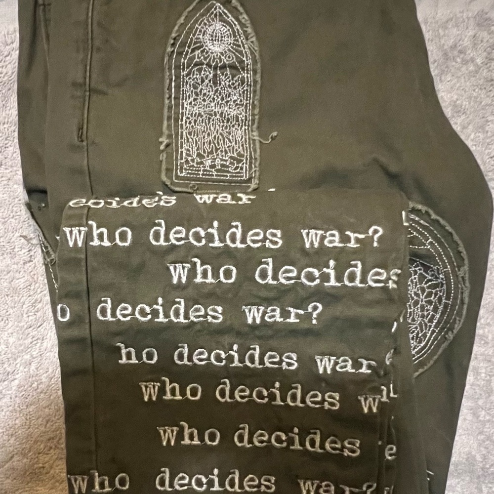 Who decides war fatigue scripture Olive Men Jeans